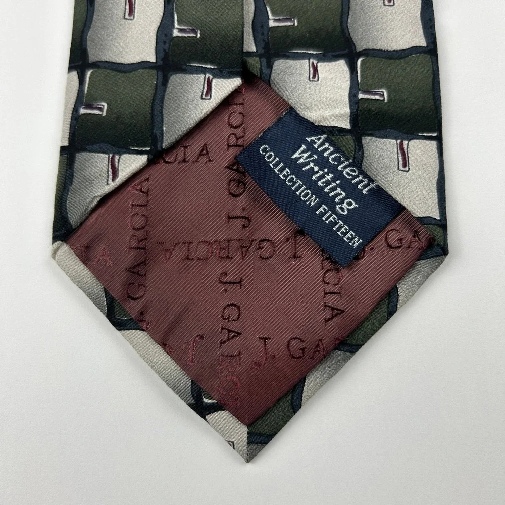 Vintage‎ 1996 J. Garcia Ancient Writing Green Silver Geometric 100% Silk Tie